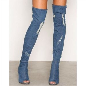 Steve Madden denim thigh high peep toe heels
